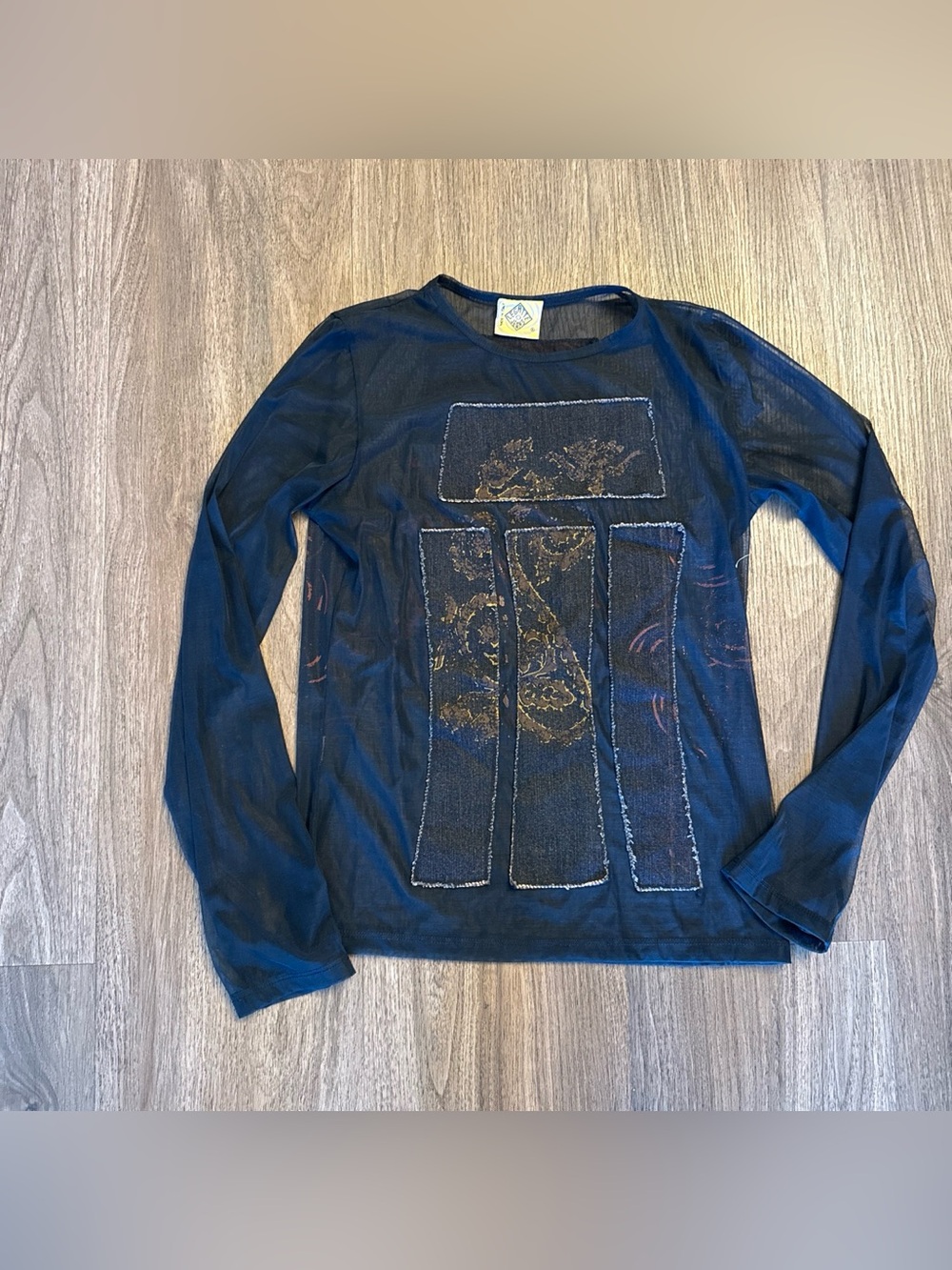 Y2K legatte jeans Italy mesh long sleeve top with gold graphic $350 MSRP